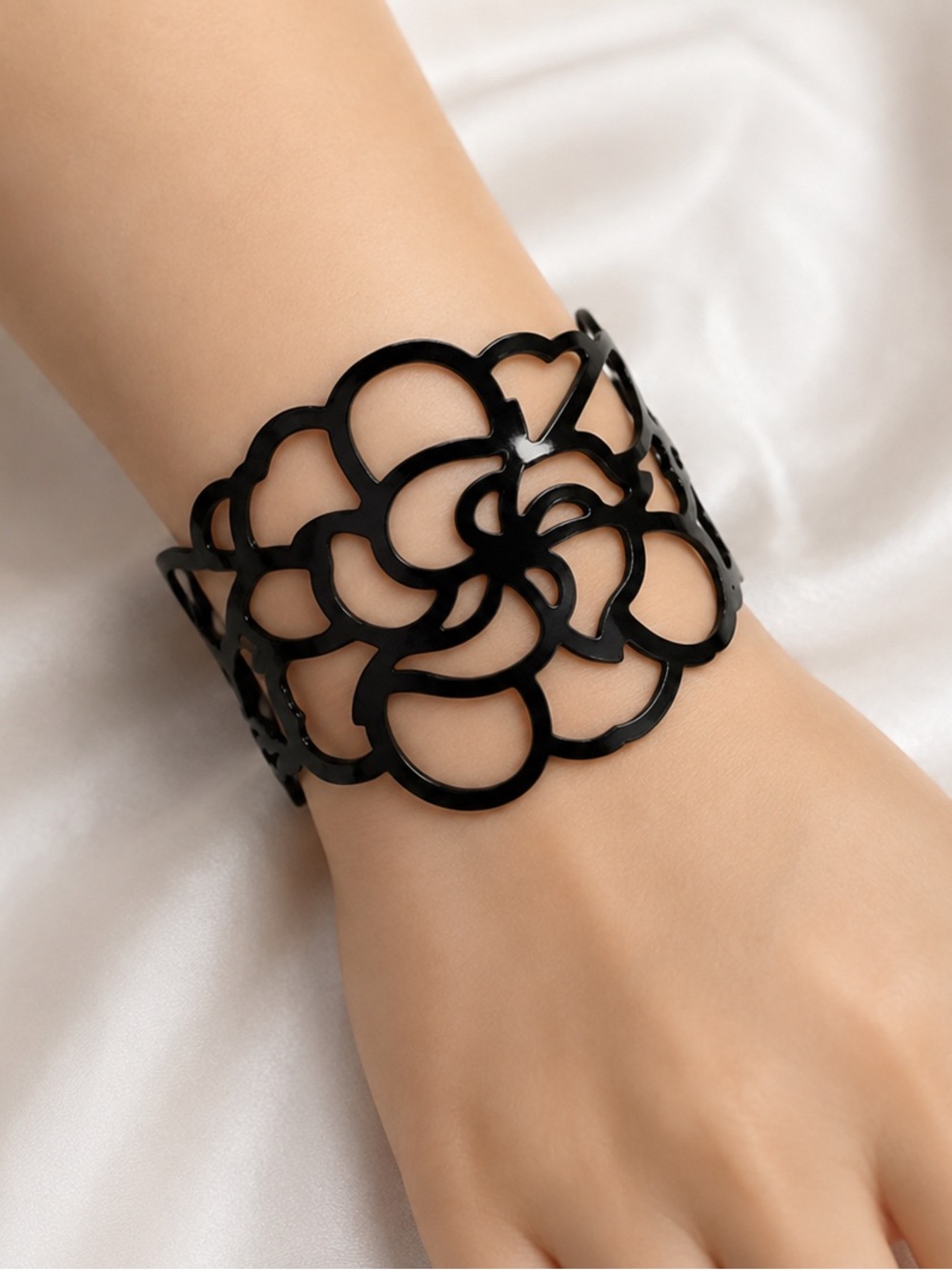 Black Floral Cutout Cuff Bracelet | Boho Statement Bangle